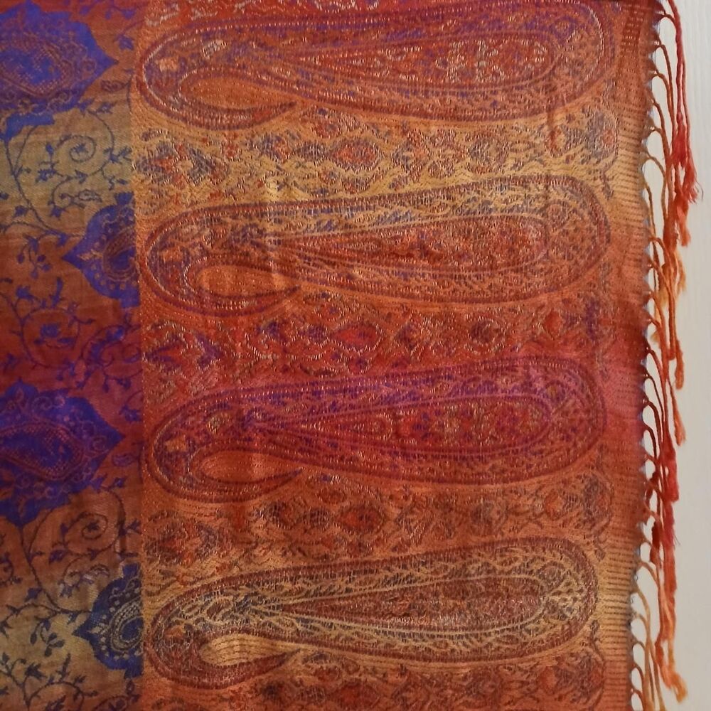 Pink purple orange yellow paisley pattern pashmina scarf or shawl with fringe - Picture 3 of 8